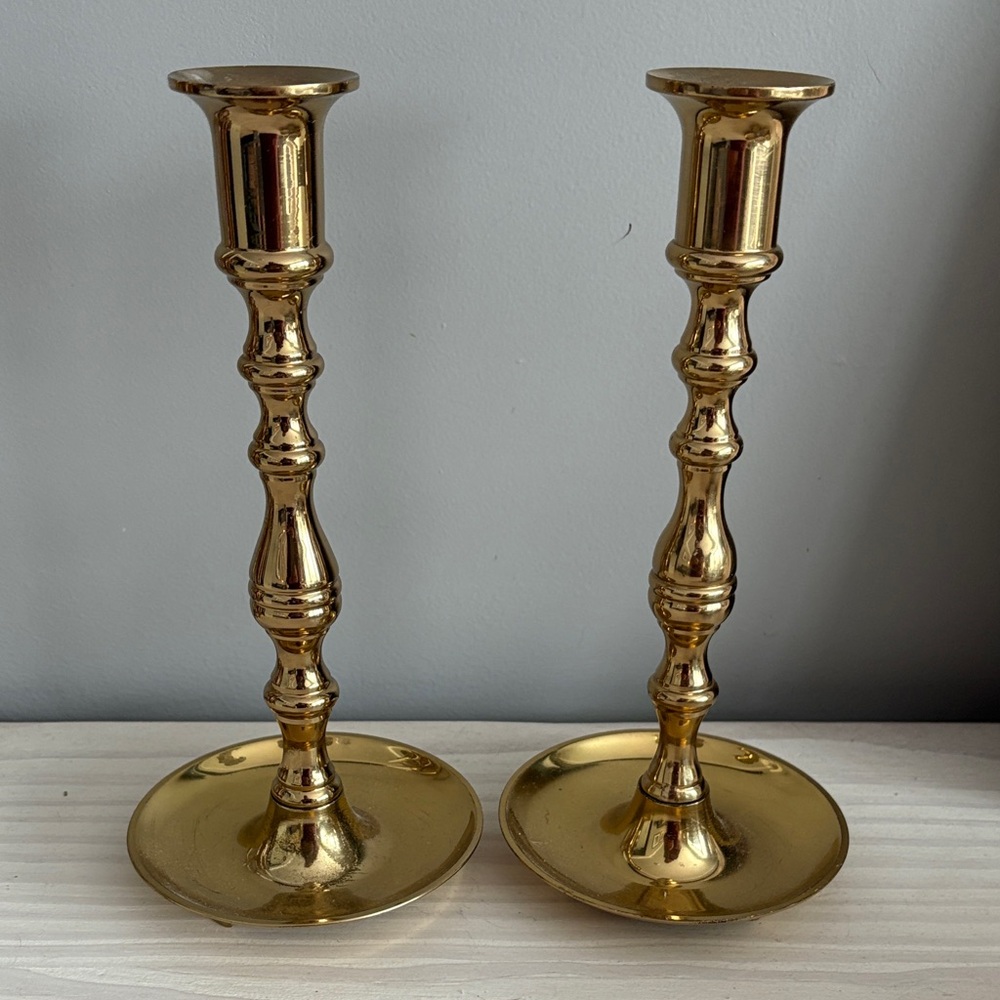 VTG Pair of Valsan Brass Candlesticks 9-1/4" with Drip Tray Made In Portugal